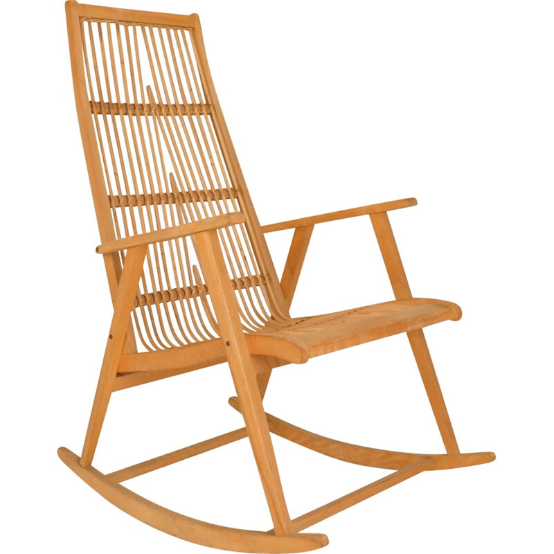 Vintage Rocking Chair in rattan and wood - 1960s