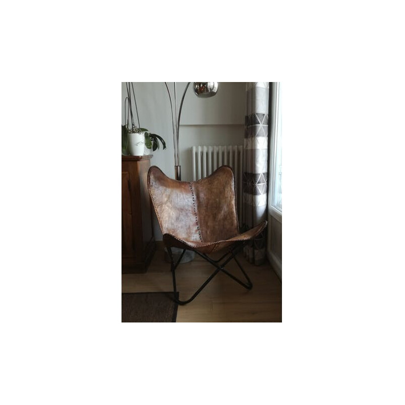 Fauteuil vintage butterfly en cuir et métal - 1990