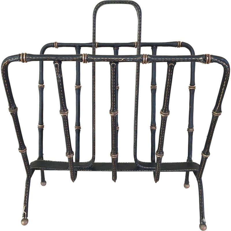 Magazine rack in saddle stitched black leather and brass  by Jacques Adnet - 1950s