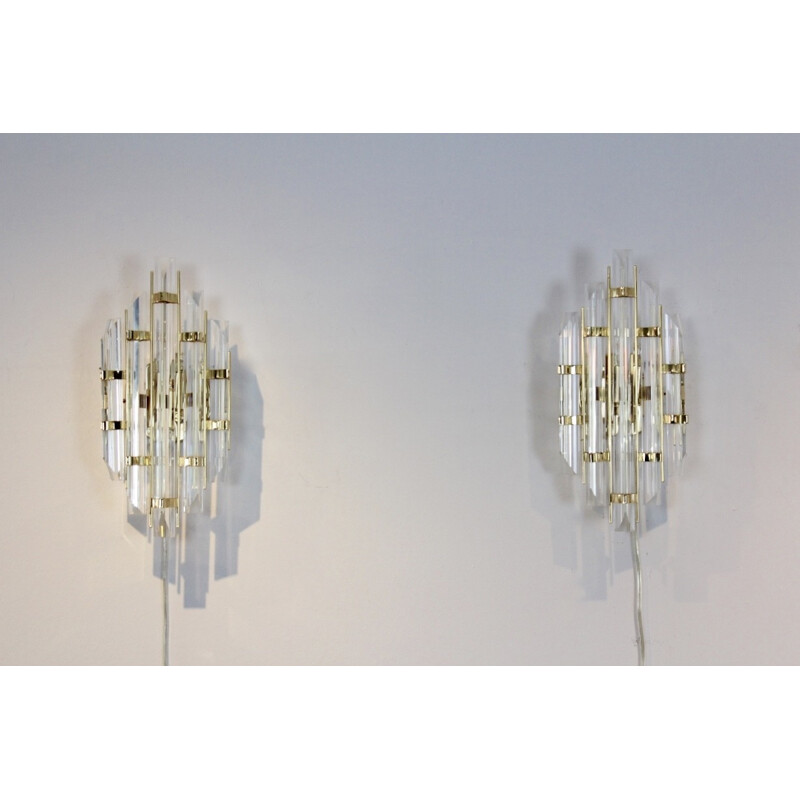 Vintage pair of Italian brass & glass sconces - 1980s