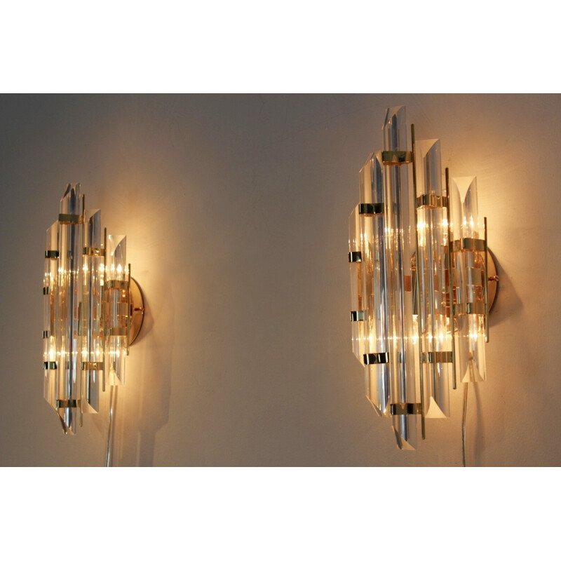 Vintage pair of Italian brass & glass sconces - 1980s