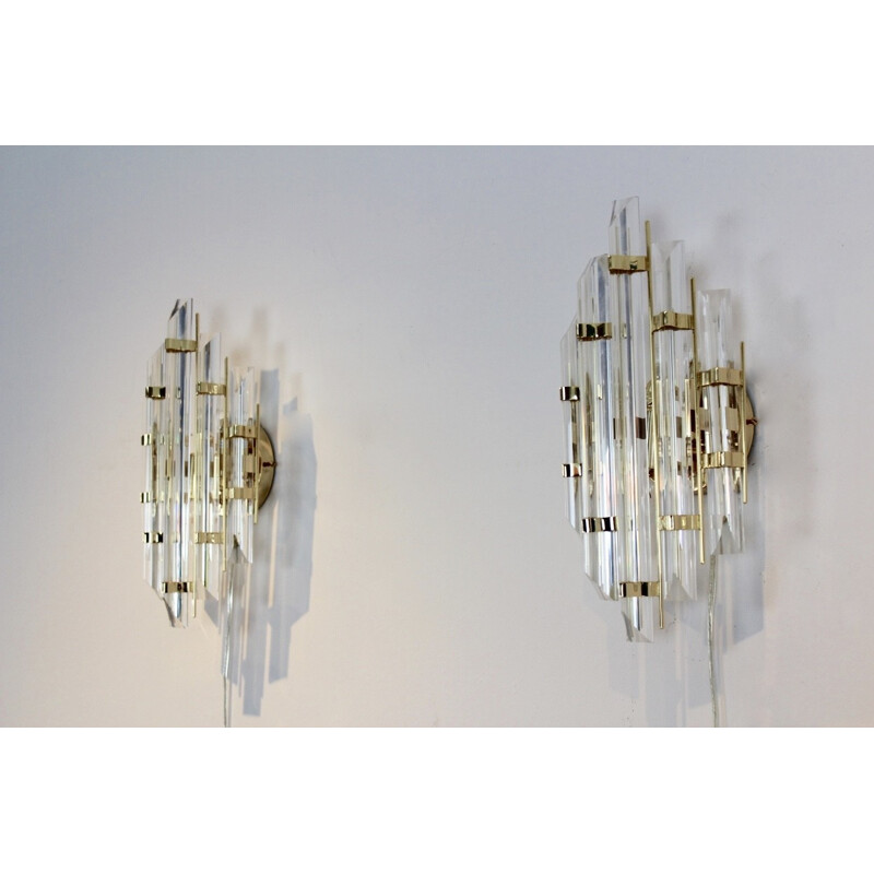 Vintage pair of Italian brass & glass sconces - 1980s