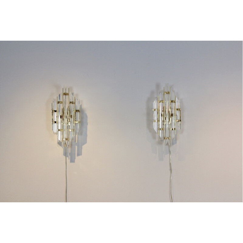 Vintage pair of Italian brass & glass sconces - 1980s