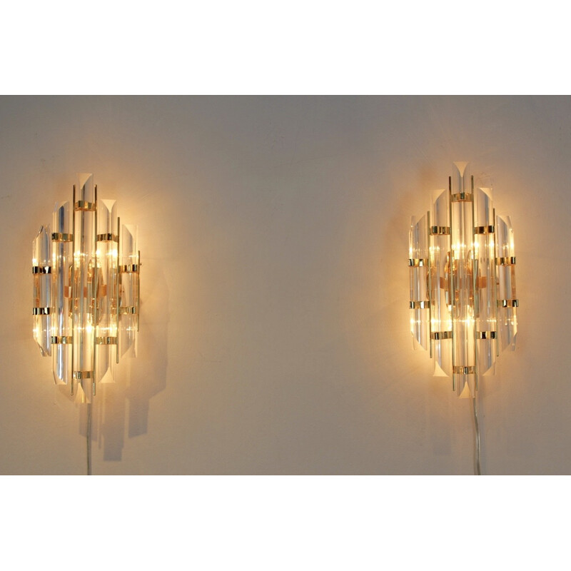 Vintage pair of Italian brass & glass sconces - 1980s