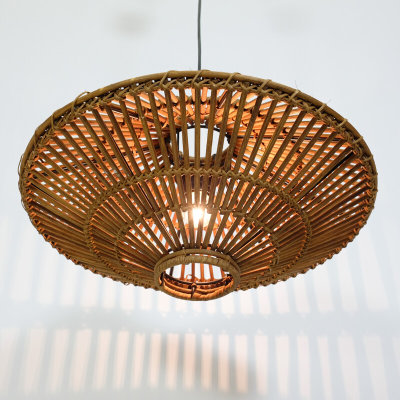 Vintage tinted wicker pendant lamp - 1970s