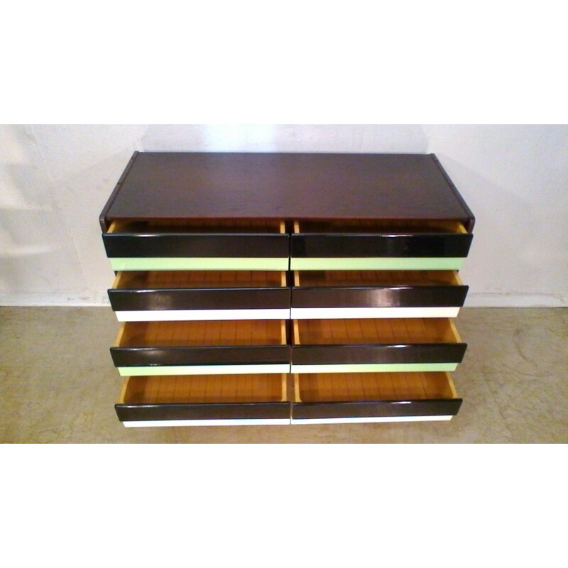 Retro vintage wooden dresser, stained oak, in green and brown by Jiří Jiroutka, 1960