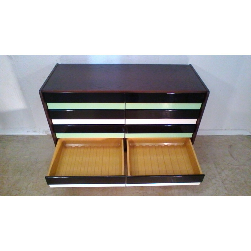 Retro vintage wooden dresser, stained oak, in green and brown by Jiří Jiroutka, 1960