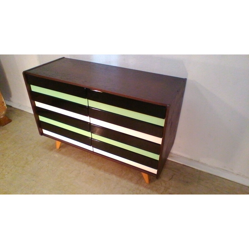 Retro vintage wooden dresser, stained oak, in green and brown by Jiří Jiroutka, 1960