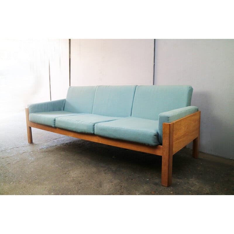Danish vintage sofa with oak frame and turquoise upholstery - 1970s