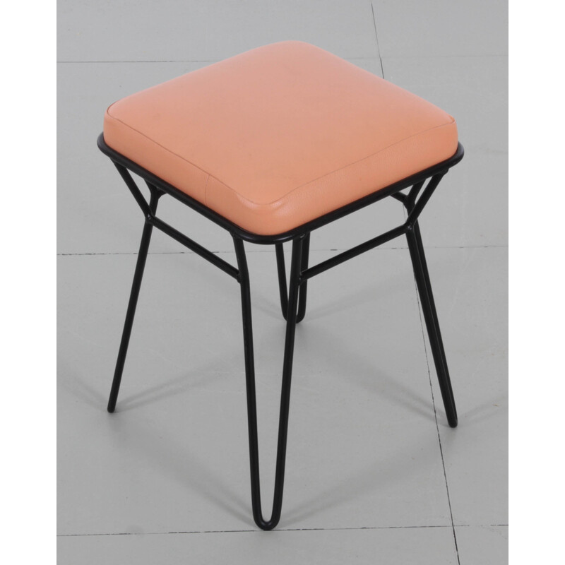 Tabouret vintage en métal et cuir - 1950