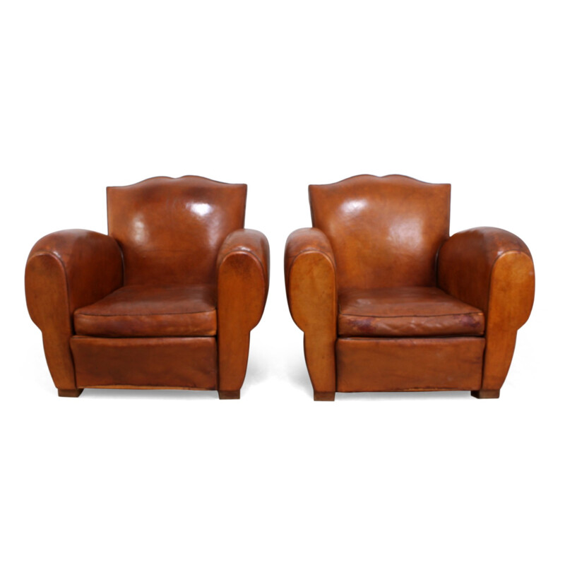 Pair of Vintage French Leather Club Chairs - 1930s