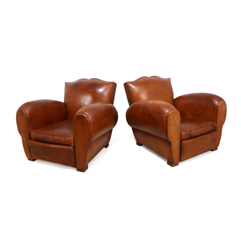 Pair of Vintage French Leather Club Chairs - 1930s