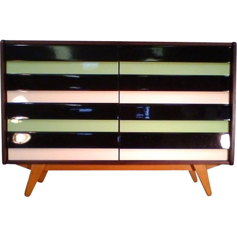 Retro vintage wooden dresser, stained oak, in green and brown by Jiří Jiroutka, 1960