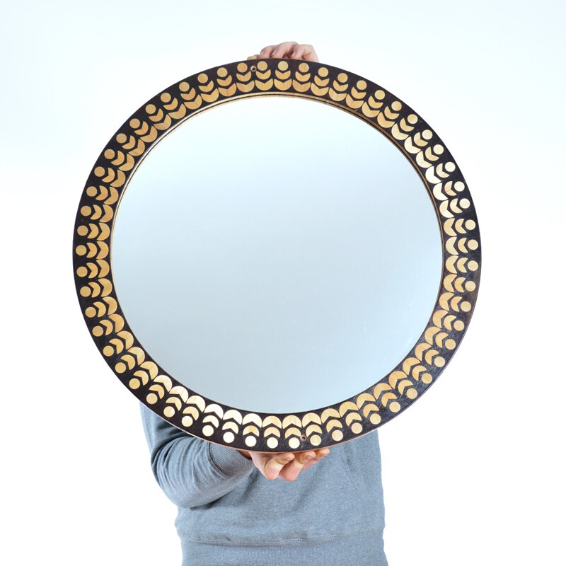 Vintage Round Wall Mirror with Inlay Wood Frame - 1970s