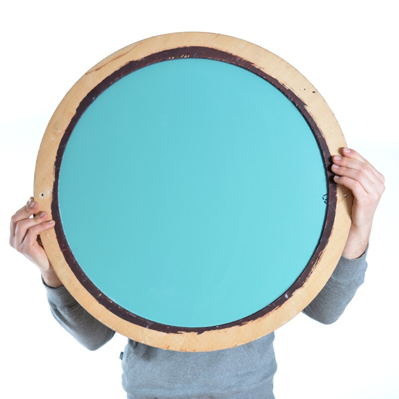 Vintage Round Wall Mirror with Inlay Wood Frame - 1970s