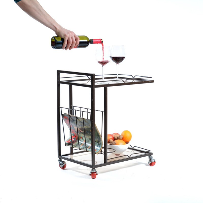 Vintage metal and smoked glass serving cart, Czechoslovakia 1970
