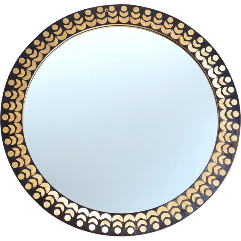 Vintage Round Wall Mirror with Inlay Wood Frame - 1970s