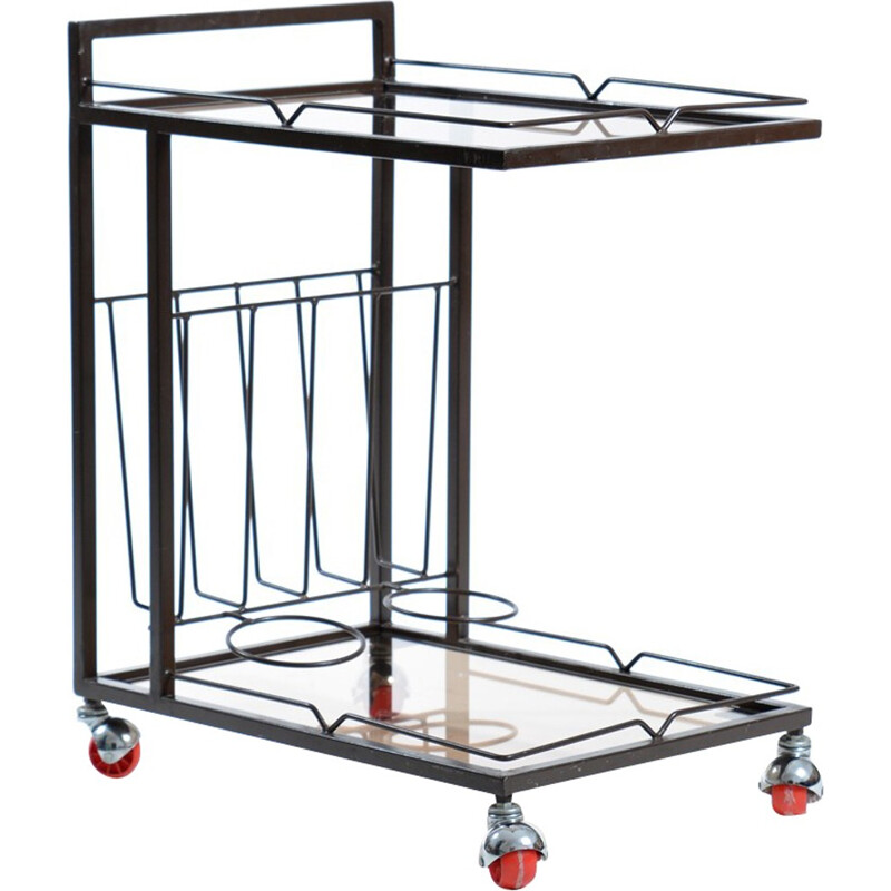 Vintage metal and smoked glass serving cart, Czechoslovakia 1970