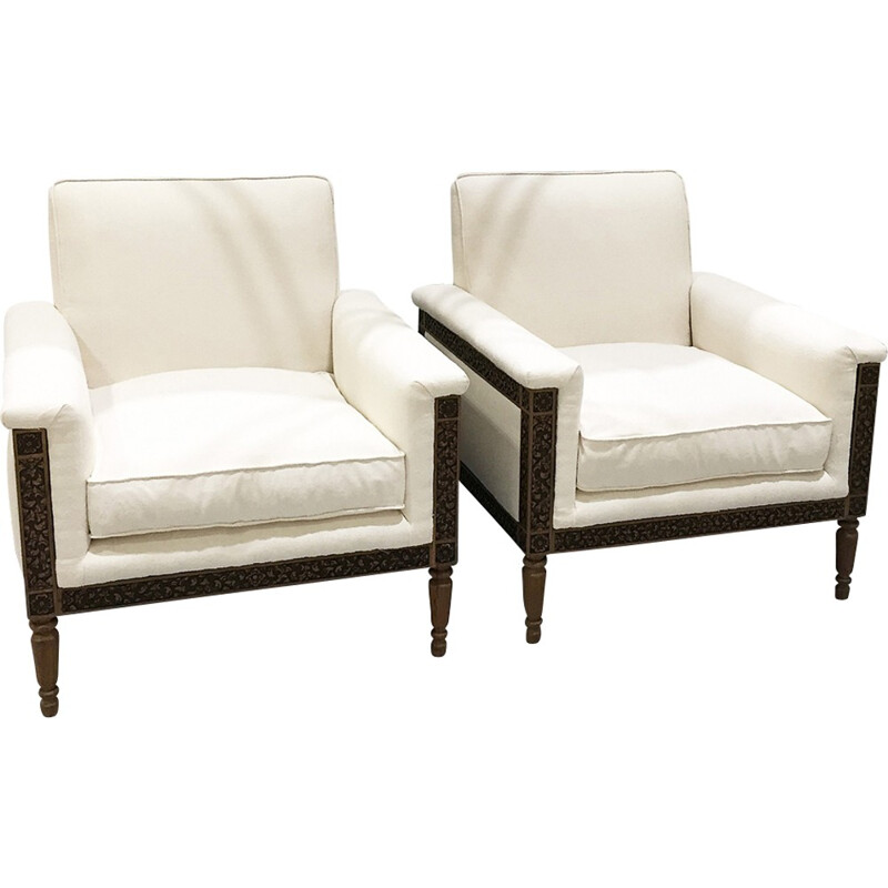 Suite de 2 fauteuils vintage blancs en chêne - 1960