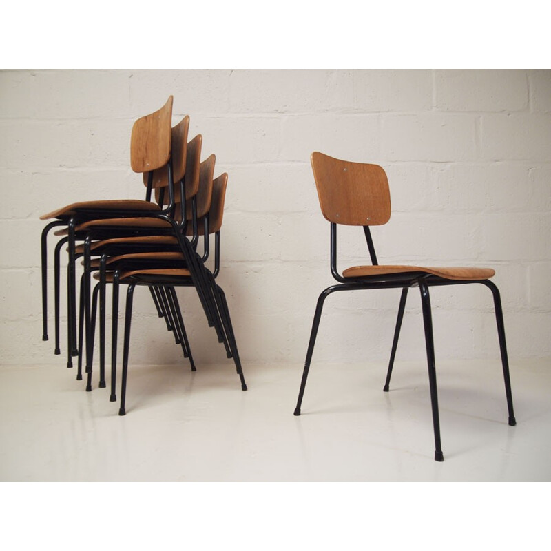 Vintage set of 6 ply and steel stacking dining chairs by Niels Larsen for Niels Larsen Mobler - 1970s