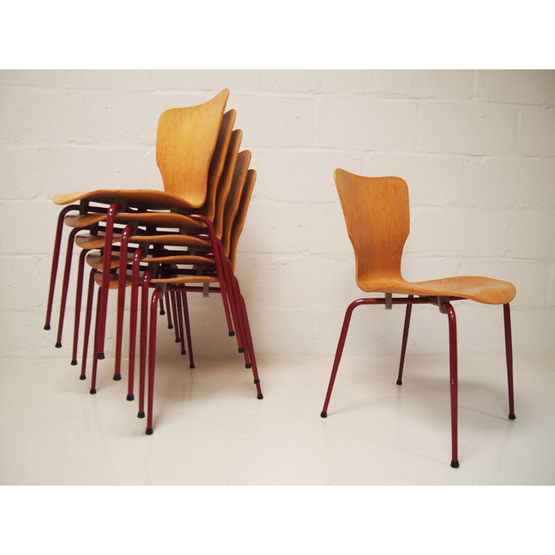 Set of 6 Vintage bent ply and steel stacking dining chairs - 1970s
