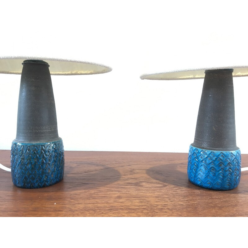 Vintage pair of small turquoise table lamps by Nils Kähler for Herman A Kahler Ceramic, Denmark - 1960s