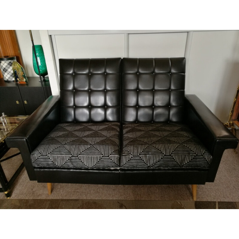 Vintage Rockabilly black leatherette sofa - 1960s