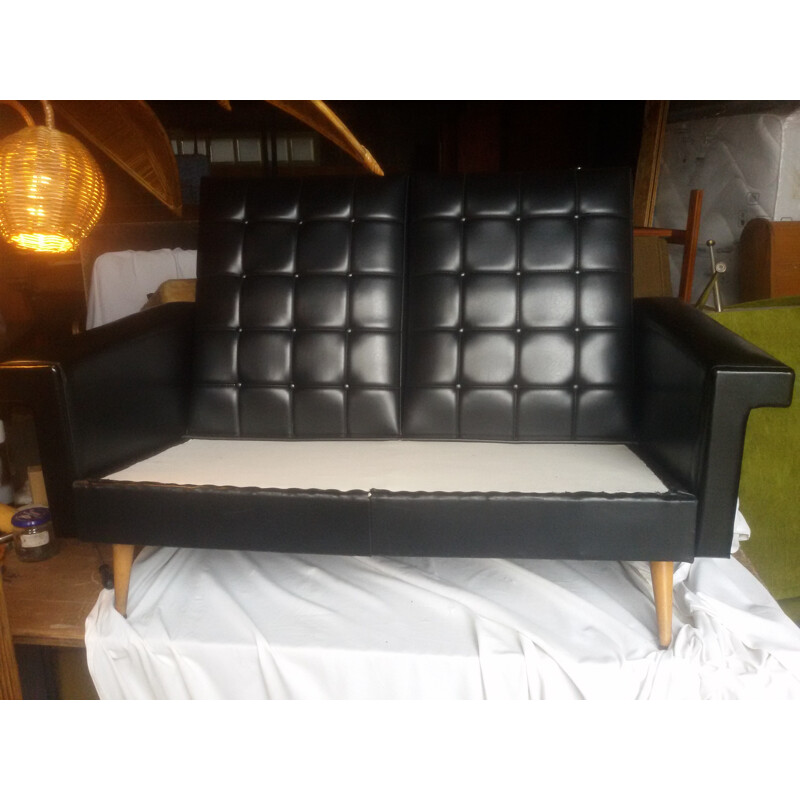 Vintage Rockabilly black leatherette sofa - 1960s