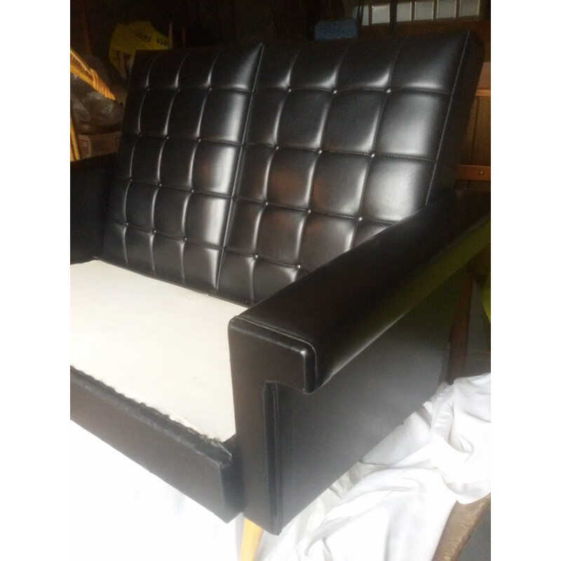 Vintage Rockabilly black leatherette sofa - 1960s