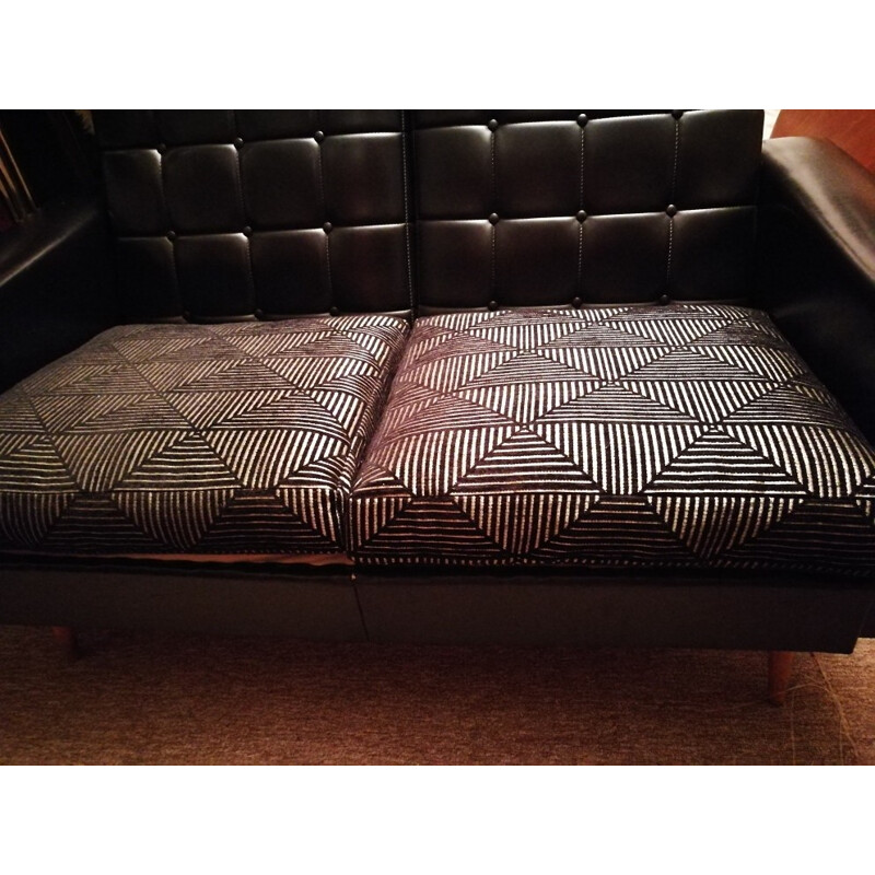 Vintage Rockabilly black leatherette sofa - 1960s