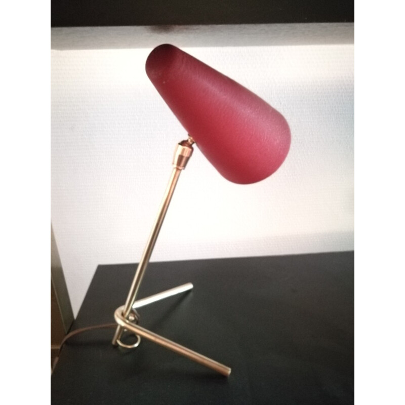 Vintage red "cocotte" brass table lamp - 1950s