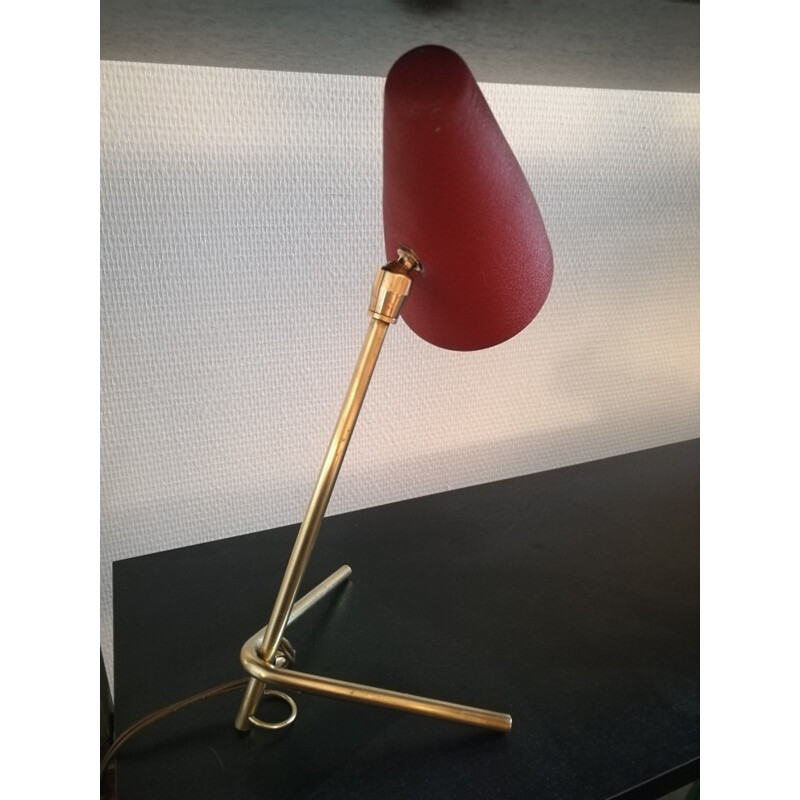 Vintage red "cocotte" brass table lamp - 1950s