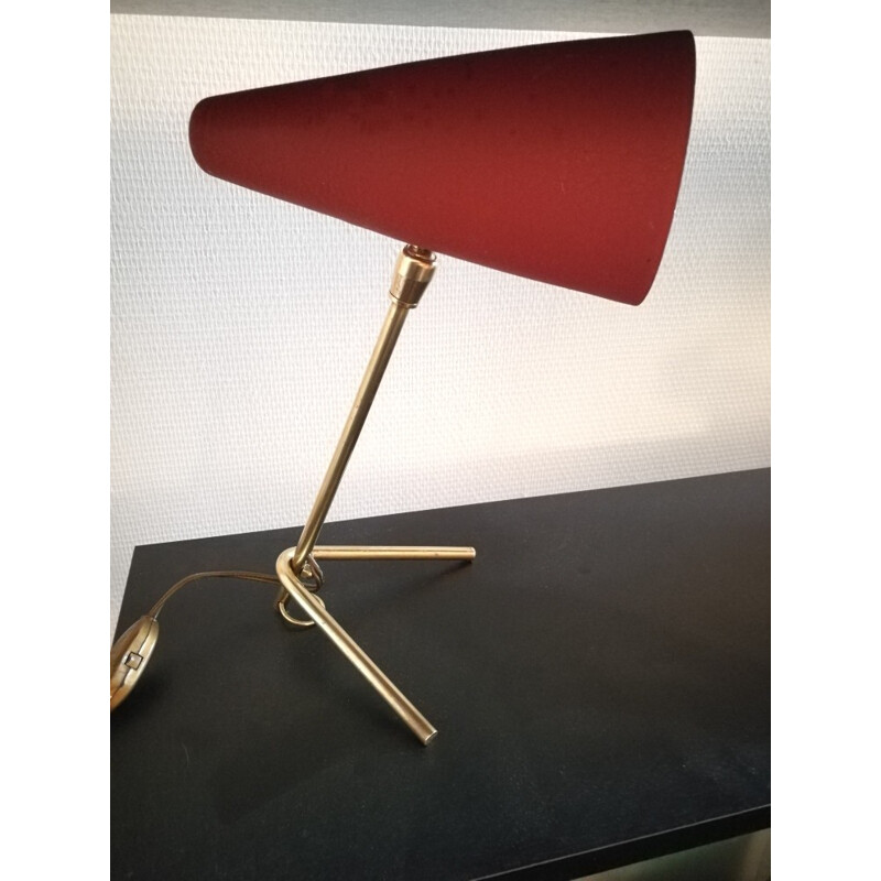 Vintage red "cocotte" brass table lamp - 1950s