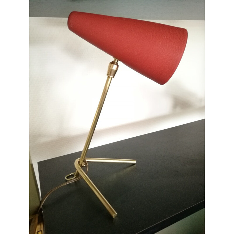 Vintage red "cocotte" brass table lamp - 1950s