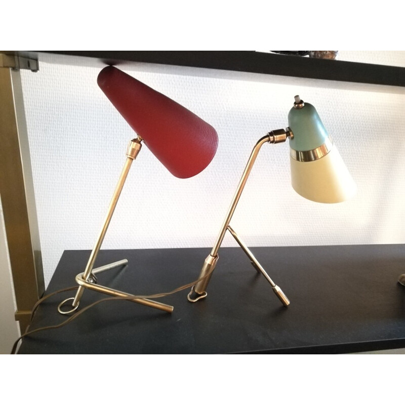 Vintage red "cocotte" brass table lamp - 1950s