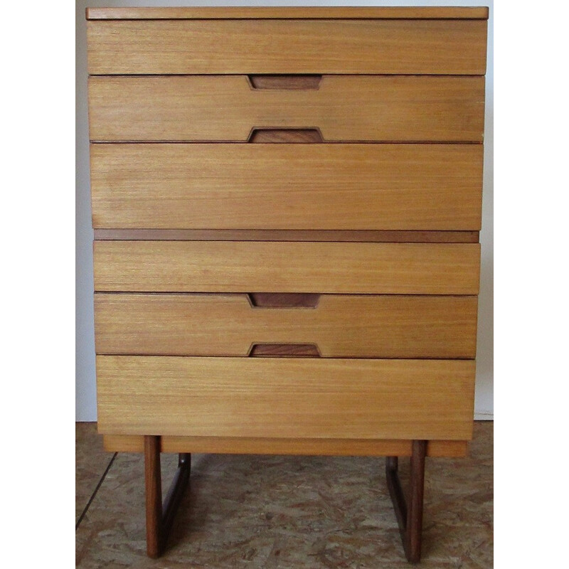 Vintage high chest of drawers in beechwood and teak  by G.Hoffsread for Uniflex - 1960s