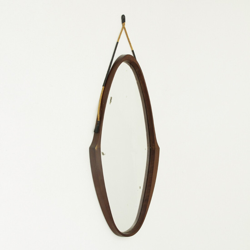 Vintage Italian oval teak frame mirror - 1950s