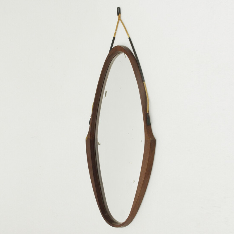 Vintage Italian oval teak frame mirror - 1950s