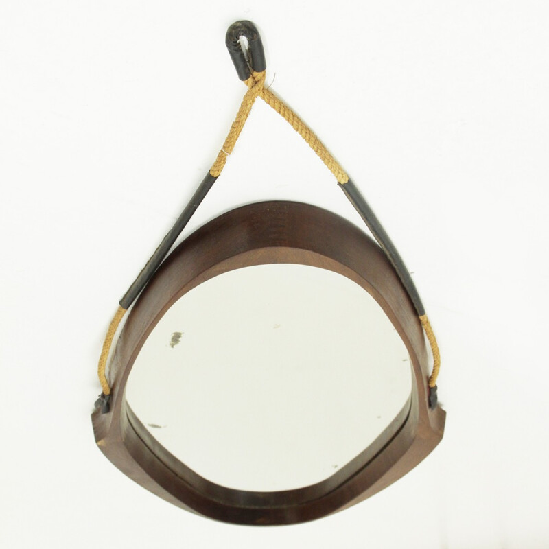 Vintage Italian oval teak frame mirror - 1950s