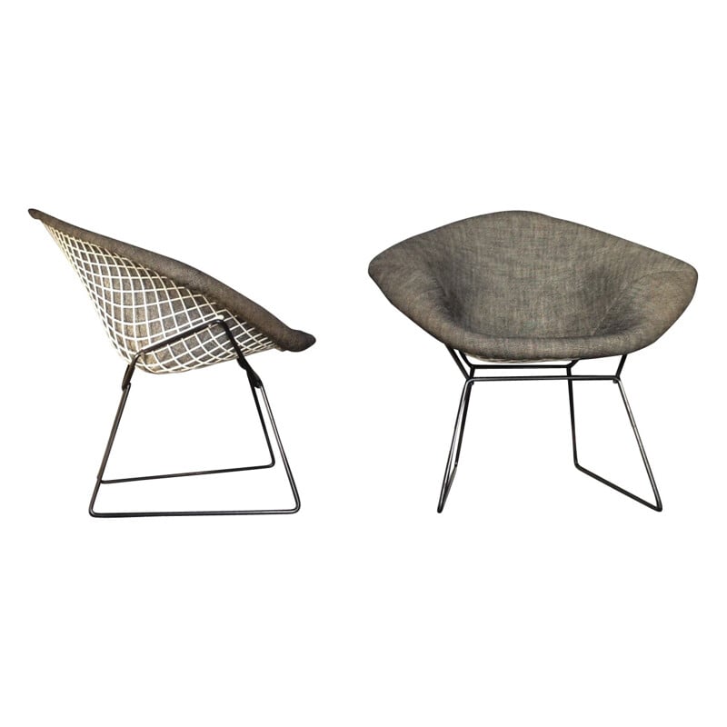 Diamond armchair in metal and grey fabric, Harry BERTOIA - 1950s