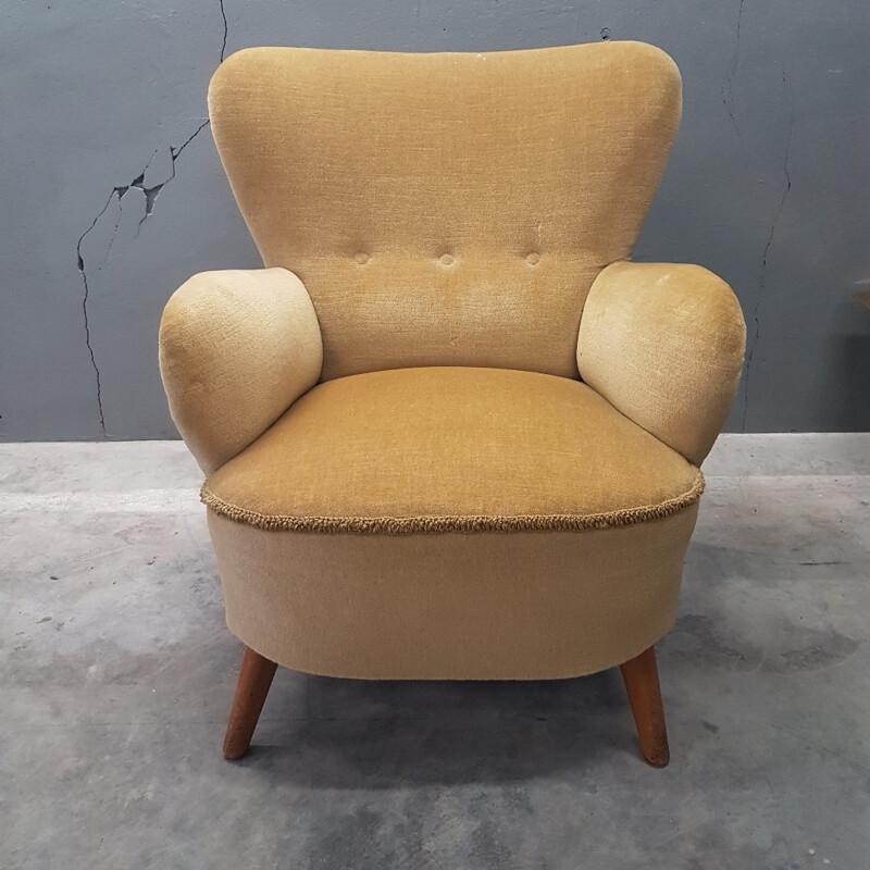 Velvet club Armchair with ottoman by Artifort - 1950s