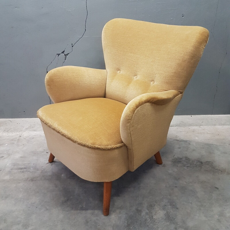 Velvet club Armchair with ottoman by Artifort - 1950s