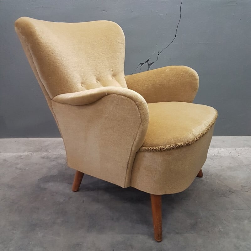 Velvet club Armchair with ottoman by Artifort - 1950s