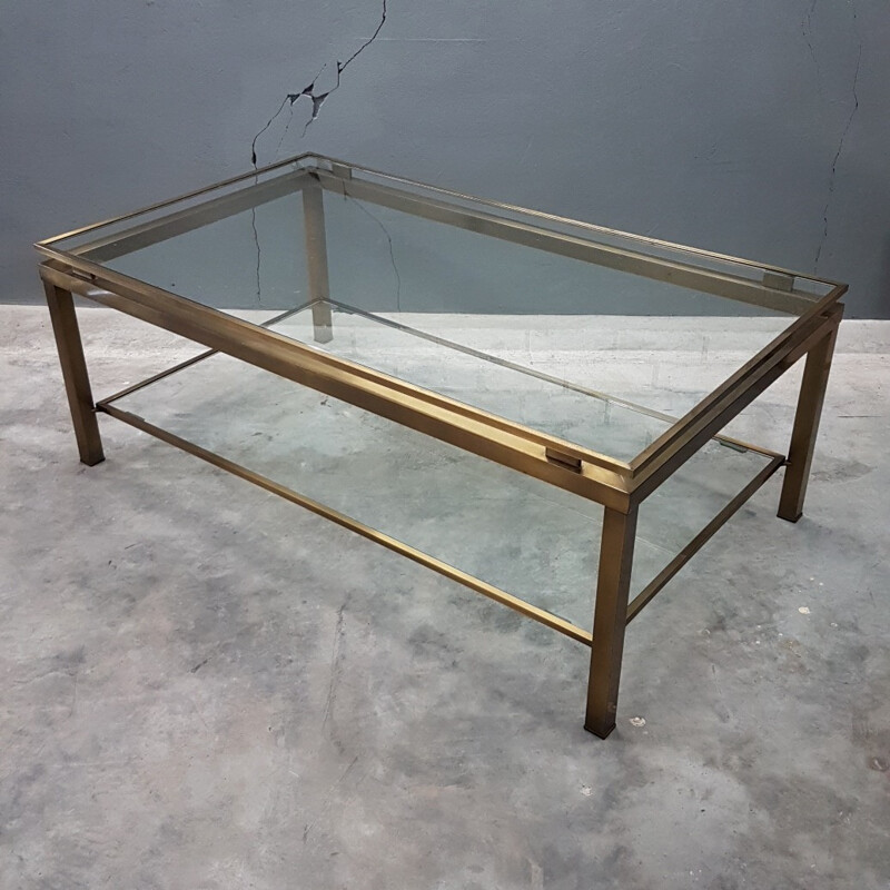 Vintage Brass coffee table with two glass shelves - 1970s