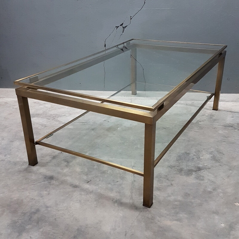 Vintage Brass coffee table with two glass shelves - 1970s