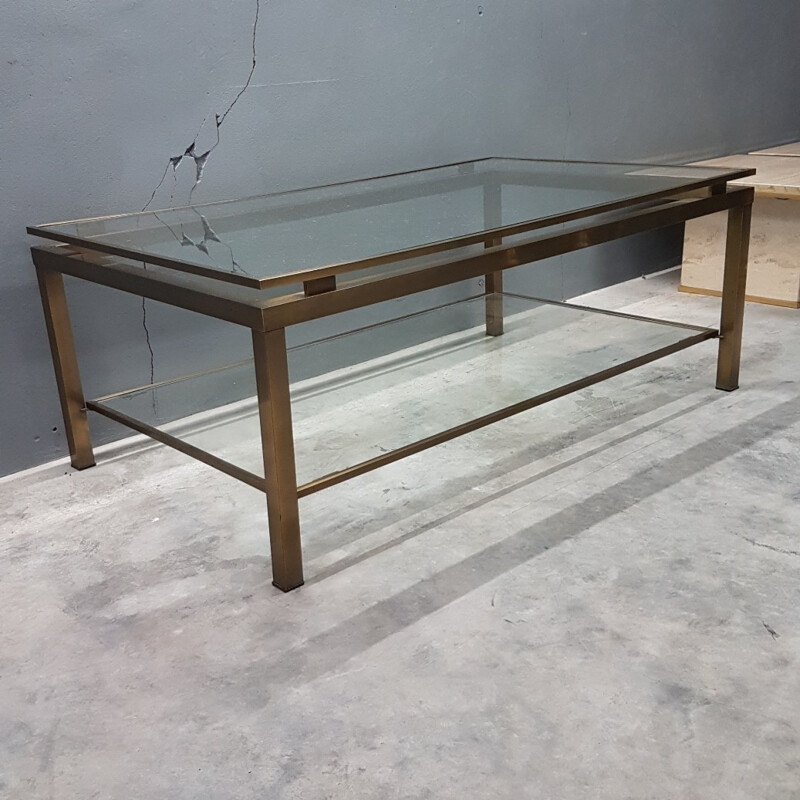 Vintage Brass coffee table with two glass shelves - 1970s