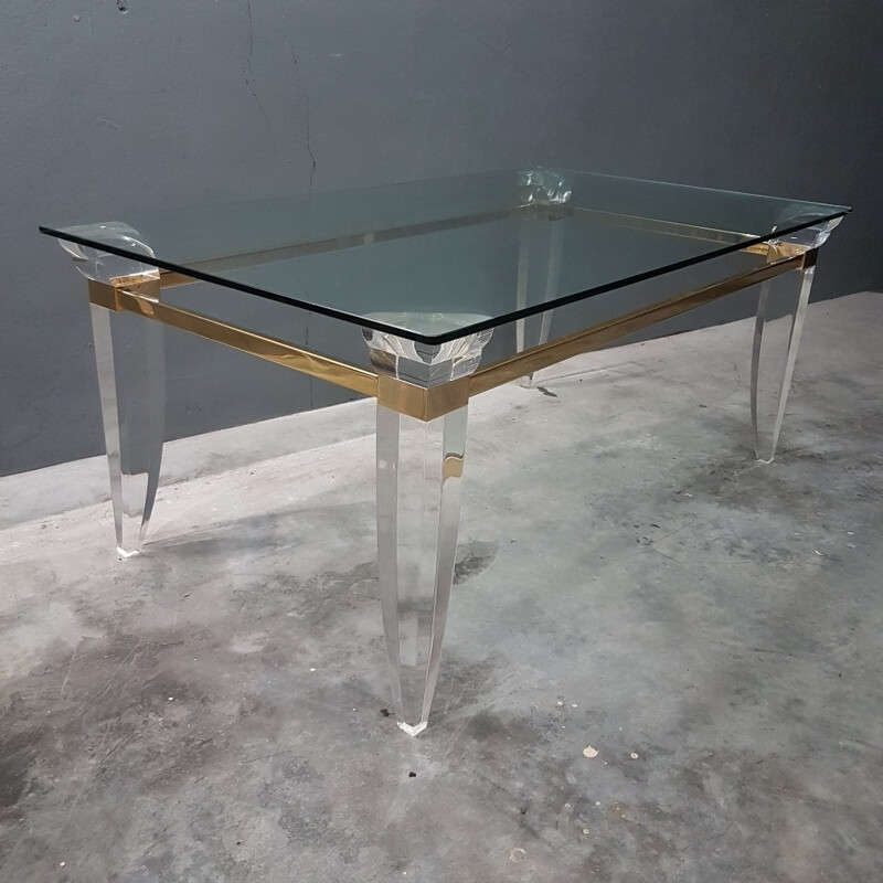 Vintage Lucite brass glass French coffee table - 1980s