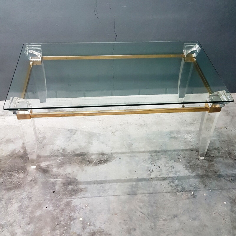 Vintage Lucite brass glass French coffee table - 1980s