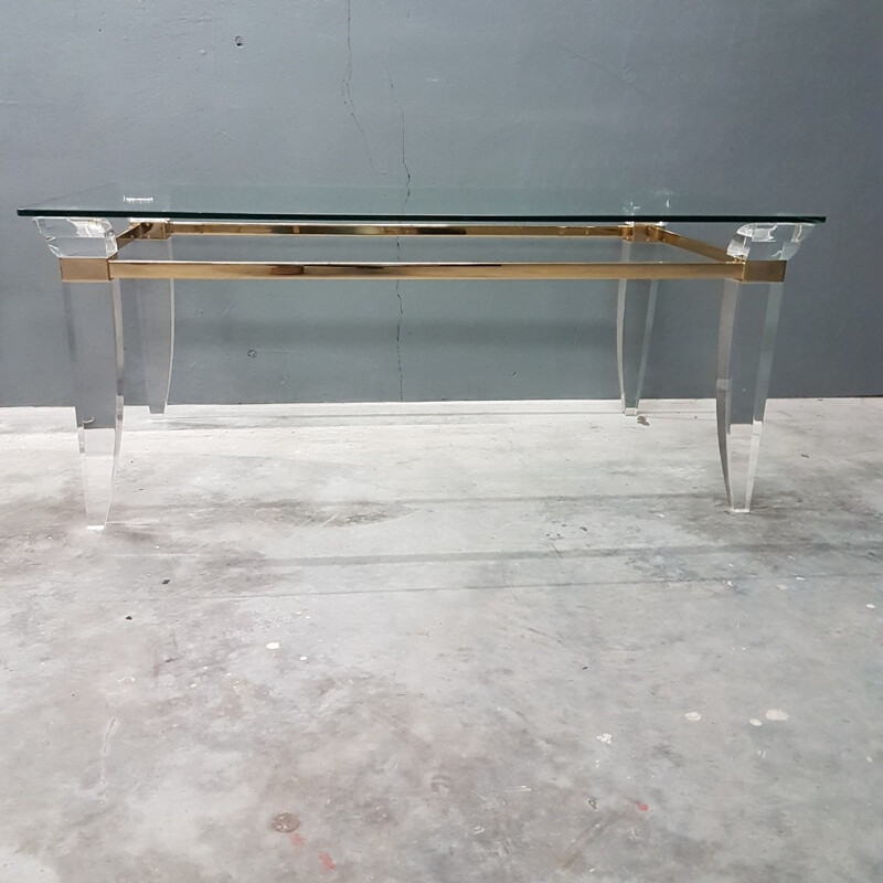 Vintage Lucite brass glass French coffee table - 1980s