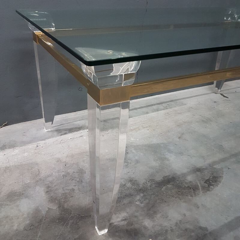Vintage Lucite brass glass French coffee table - 1980s